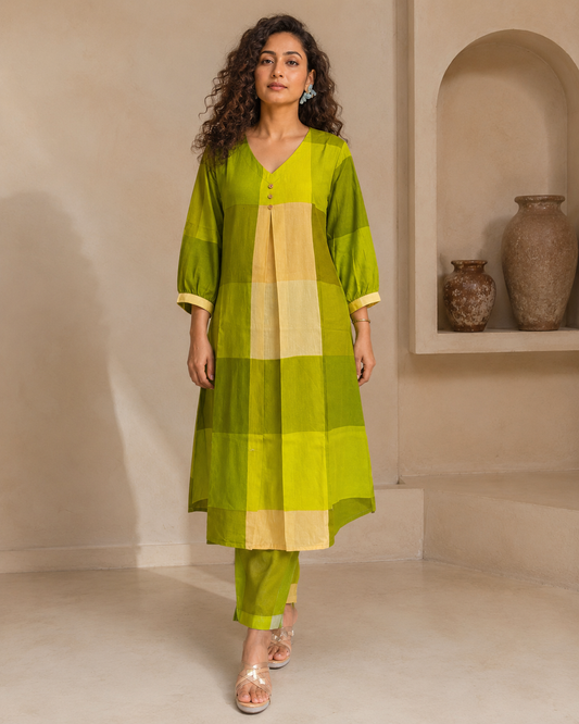 Green Cotton Checked Suit Set (Set of 2)