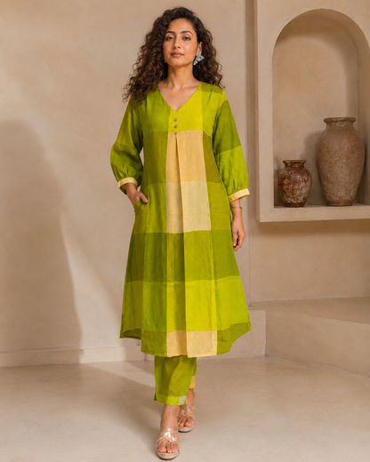 Green Cotton Checked Suit Set (Set of 2)