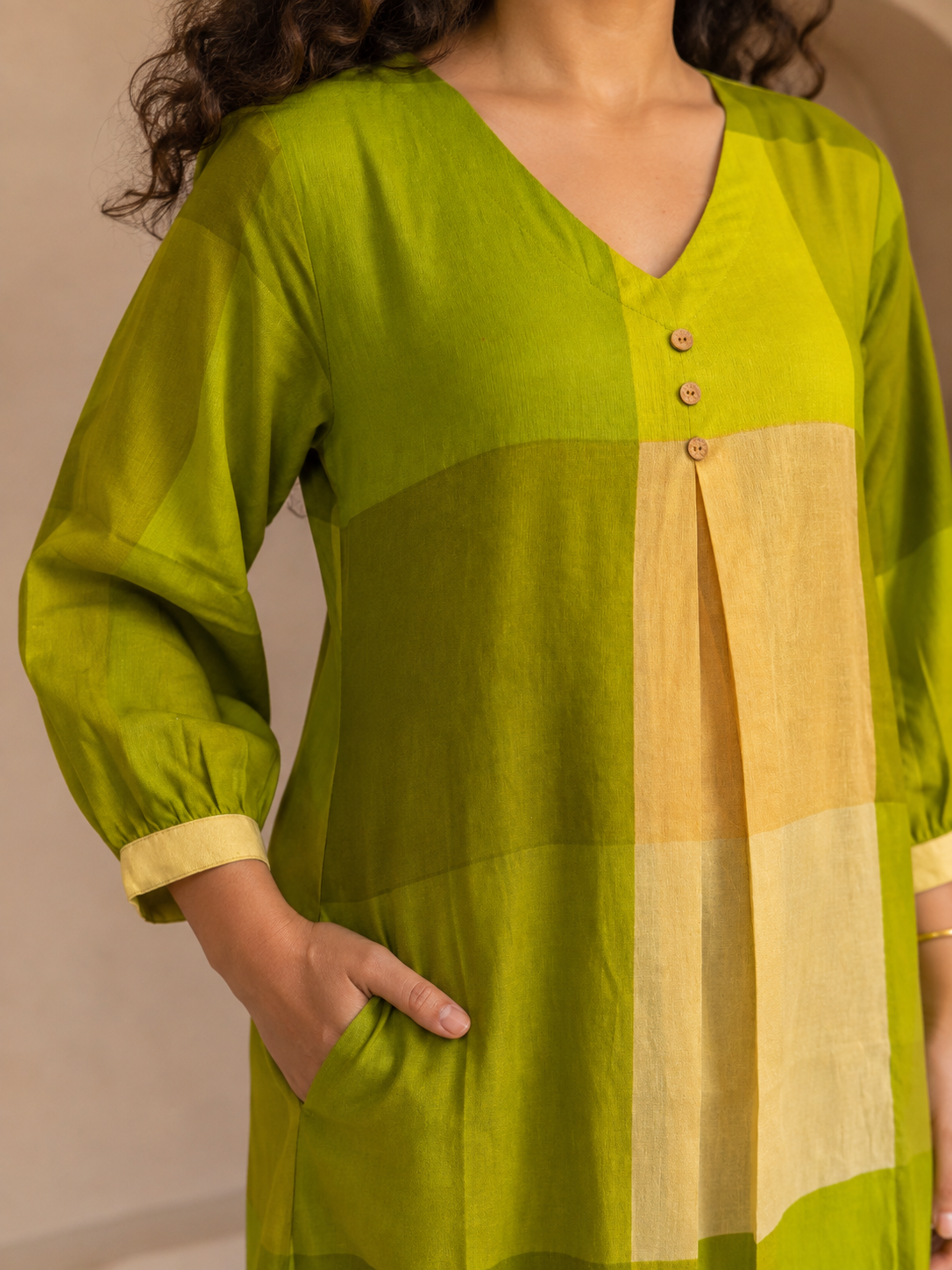 Green Cotton Checked Suit Set (Set of 2)