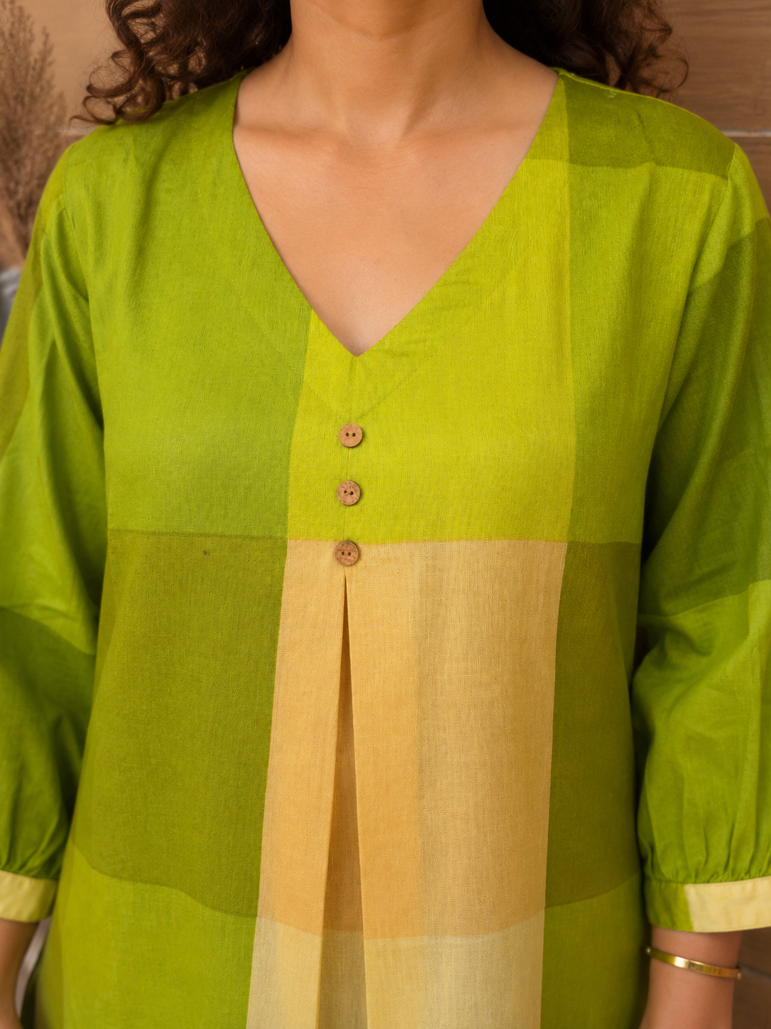 Green Cotton Checked Suit Set (Set of 2)