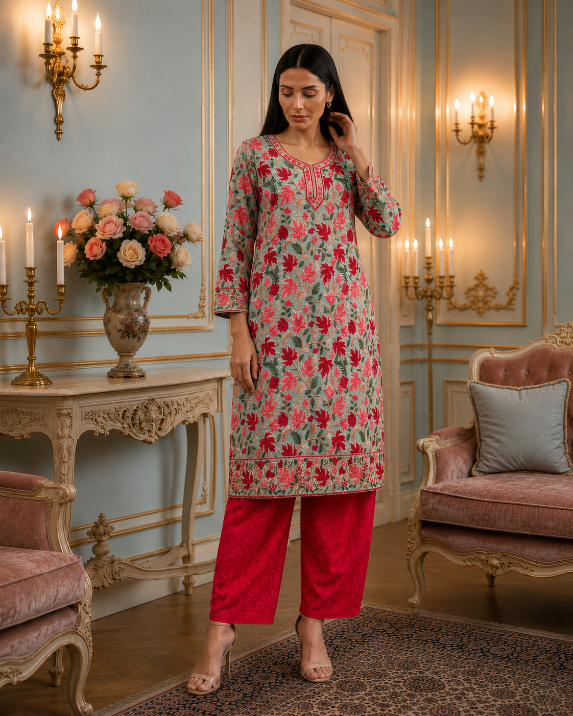 Gulzaar Pistagreen Kashmiri Embroidery Kurti