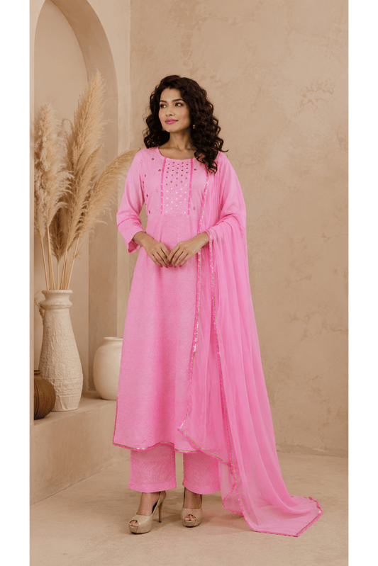 Pink A-line Hand Crafted Suit Set ( set of 3)