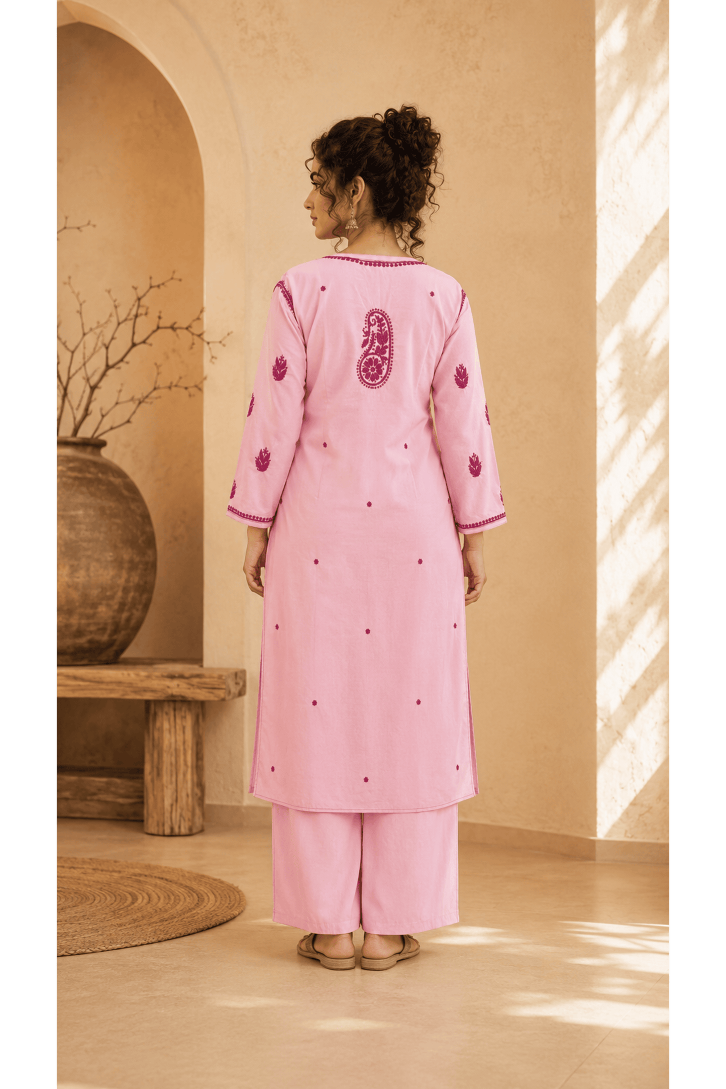 Baby Pink Parsi Work Straight Kurta