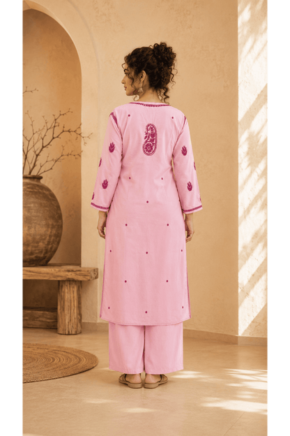 Baby Pink Parsi Work Straight Kurta