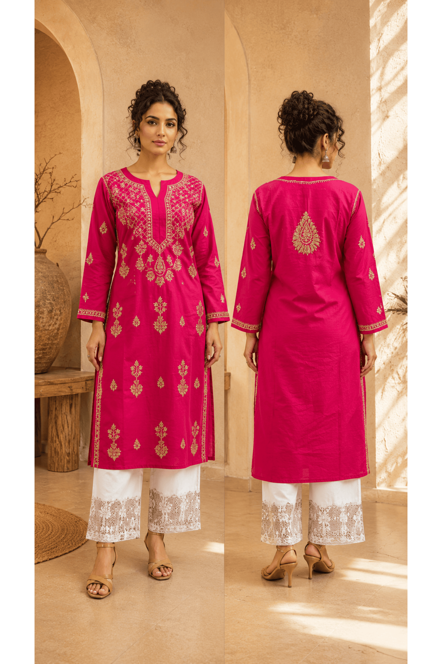 Magenta Parsi Work Straight Kurti