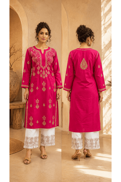 Magenta Parsi Work Straight Kurti