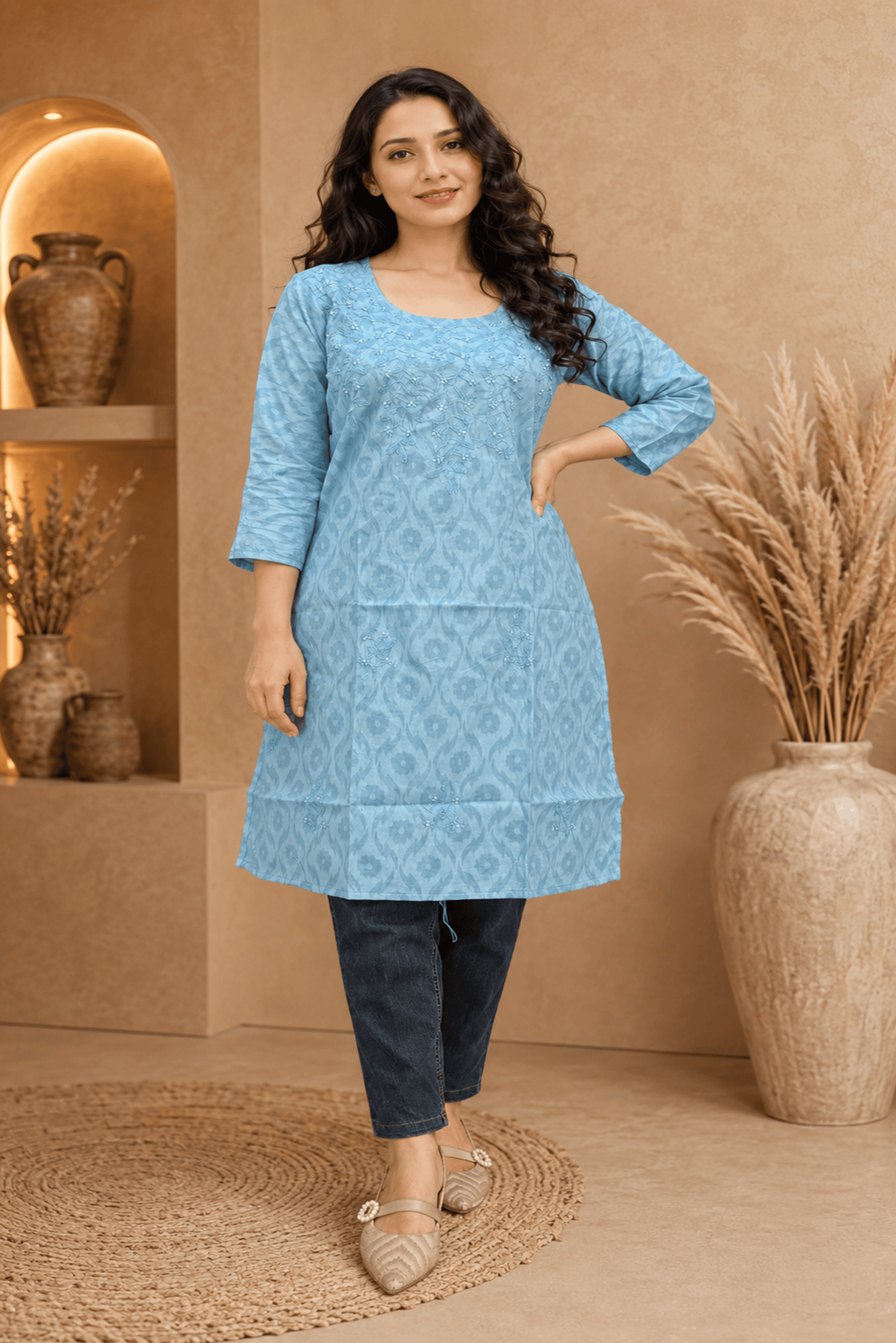 Sky Blue Pearl Straight Kurti