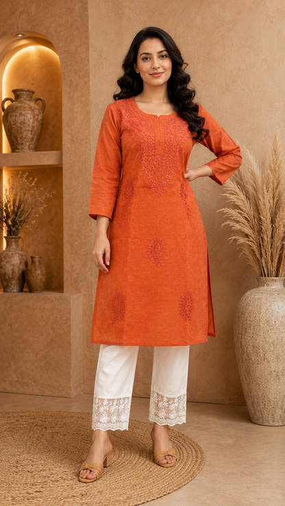 Rust cotton Pearl Straight Kurti