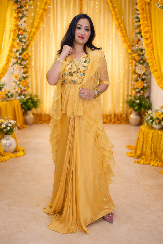 Yellow Indowesten Party Wear Lehanga Dress