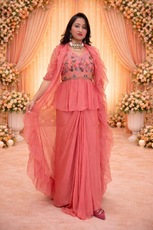 Rust Indowestern Party Wear Lehenga Dress