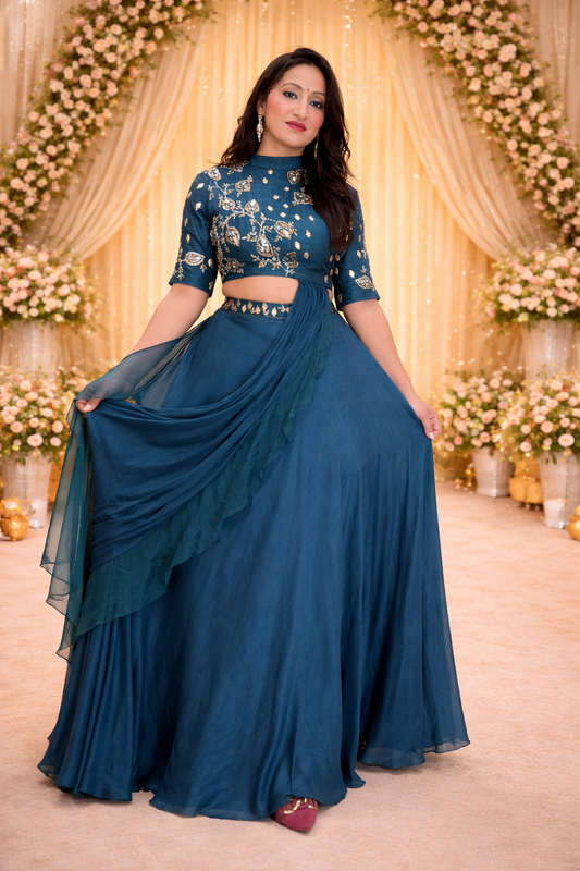 Blue Indowesten Party Wear Lehanga Set