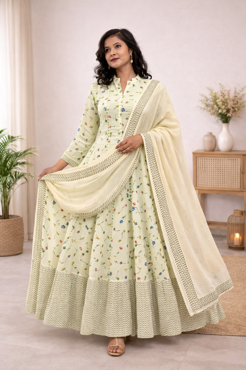 Light Green Long Mulcotton Kalidaar Anarkali Dress