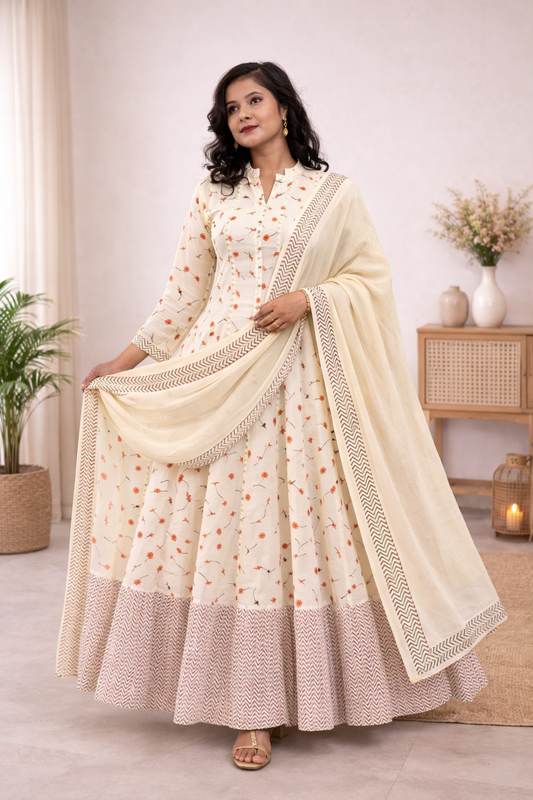 Orange Peach Long Mulcotton Kalidaar Anarkali Dress