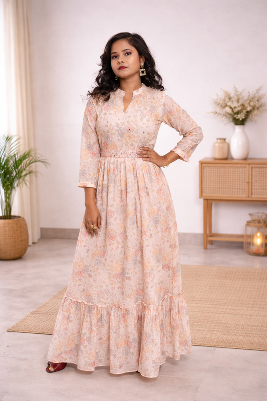 Peach Long Mulcotton Anarkali Mirror work Suit