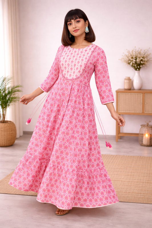 Peach Cotton Printed Gota Pati Anarkali dress