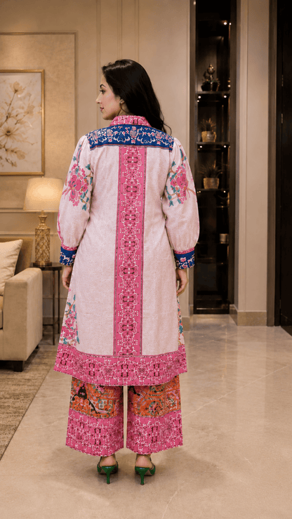 Cream Pink Printed Cotton Shrug Style suit set