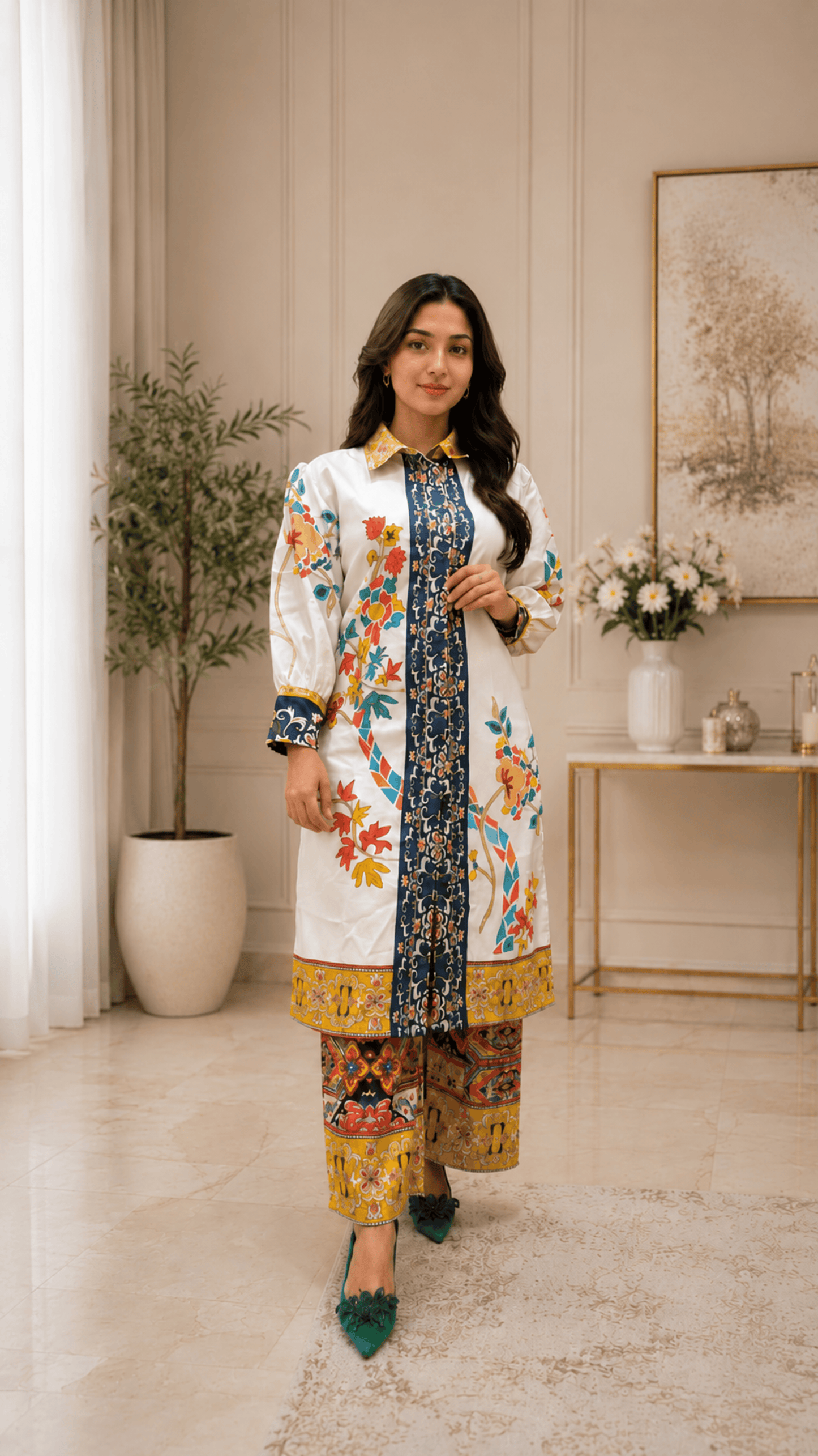 Cream Yellow Printed Cotton Shrug Style Suit Set