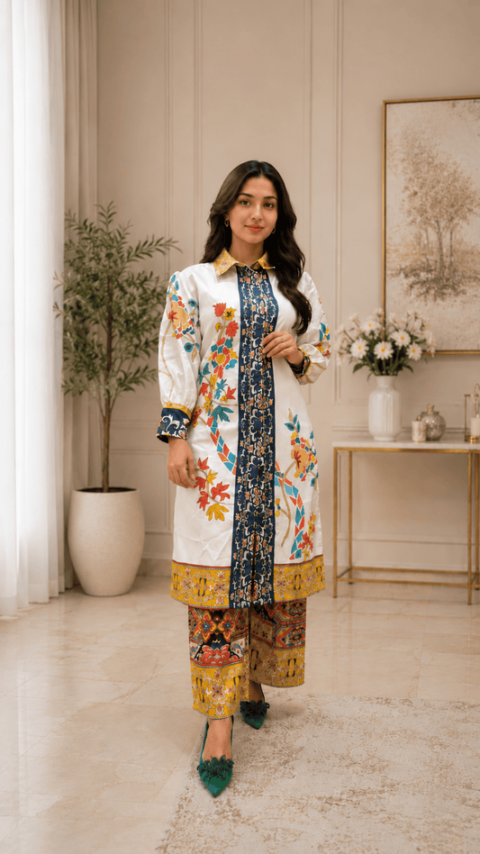 Cream Yellow Printed Cotton Shrug Style Suit Set