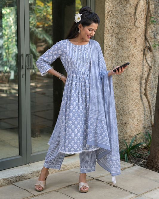 Grey Pure Cotton Nyra Cut Suit Set (set of 3)