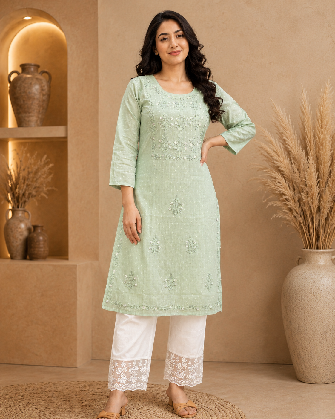 Sage  Green Pearl Straight kurti
