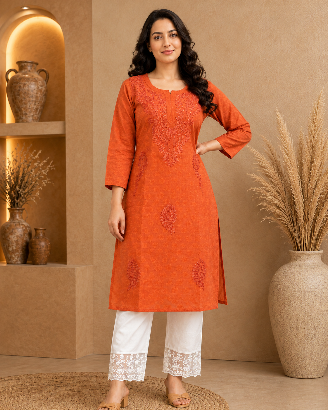 Rust cotton Pearl Straight Kurti