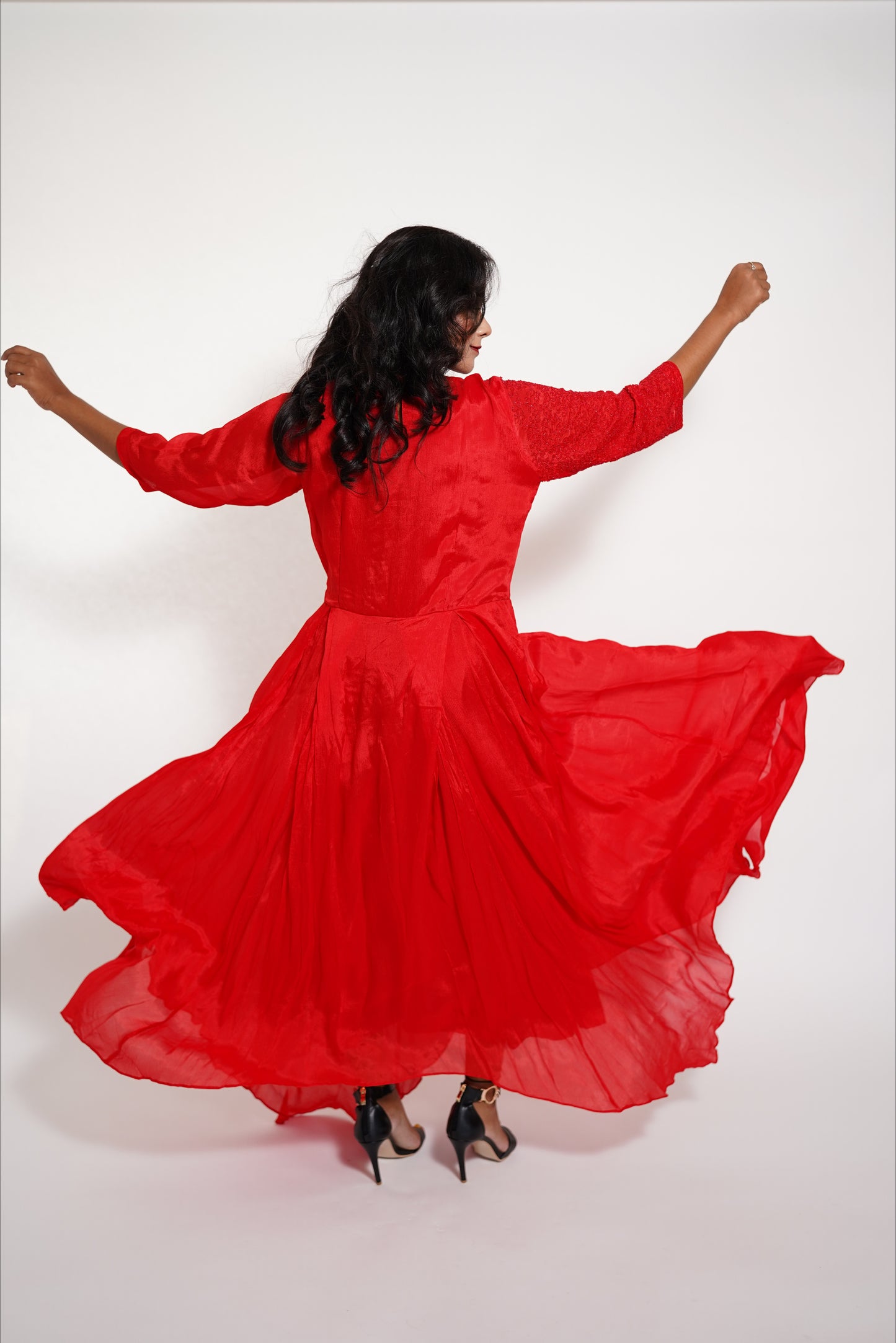 Red Drape long Anarkali Dress