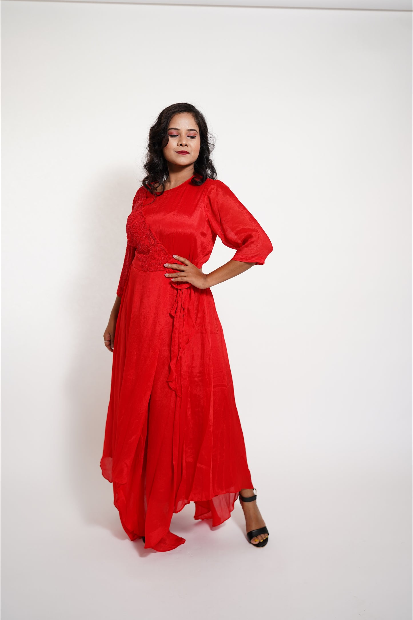 Red Drape long Anarkali Dress