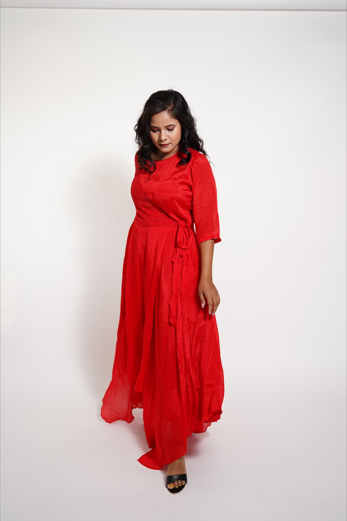 Red Drape long Anarkali Dress