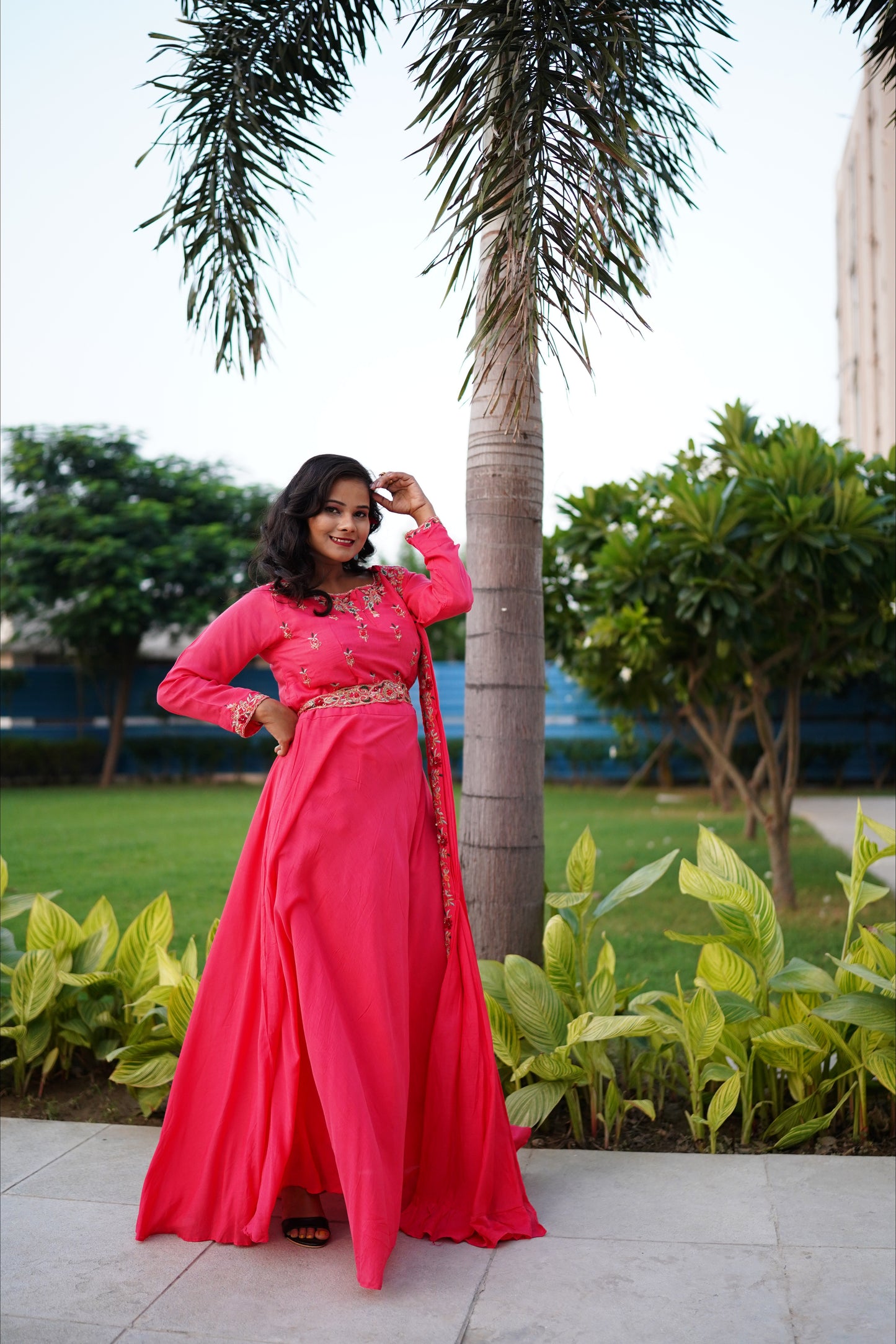 Hot Pink Long pleated suit Anarkali Dress