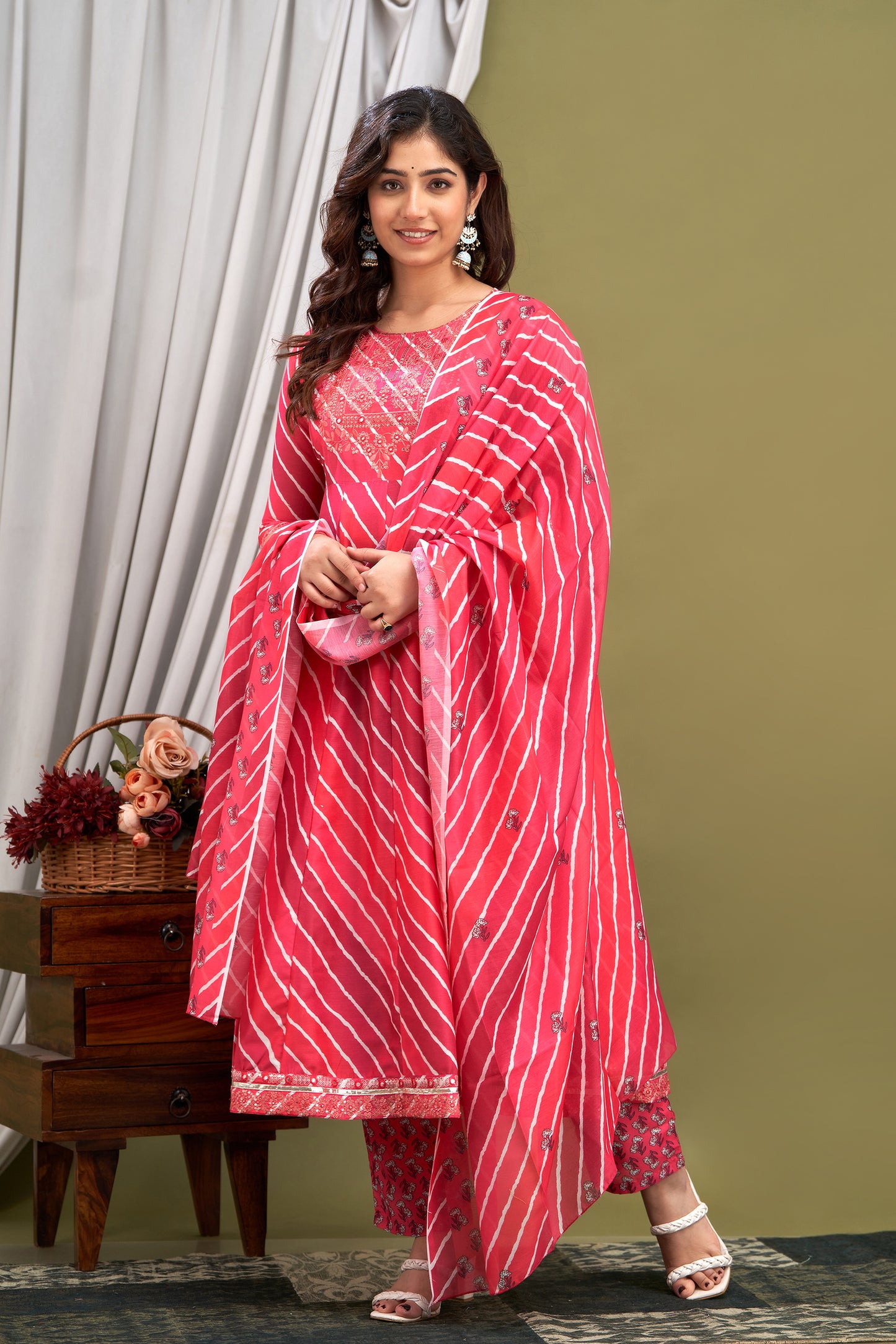 Punch Pink Lehariya Embroidered (Set of 3) Suit Set