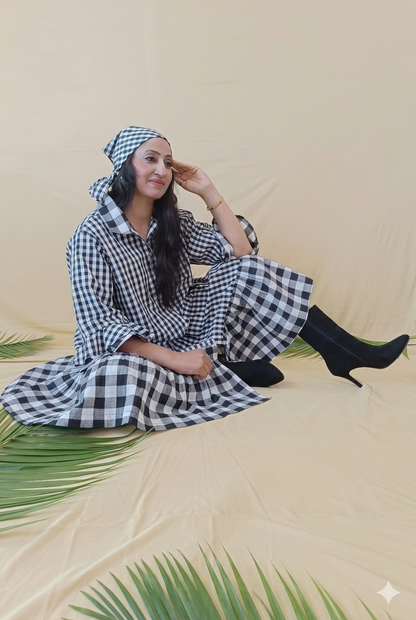 Monocromatic Black & white checks cotton  long shirt