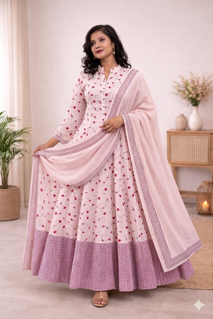 Flesh Pink Long Mulcotton Kalidaar  Anarkali Dress