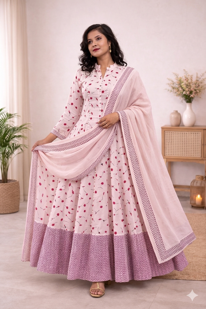 Flesh Pink Long Mulcotton Kalidaar  Anarkali Dress
