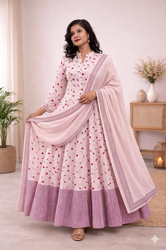Flesh Pink Long Mulcotton Kalidaar  Anarkali Dress