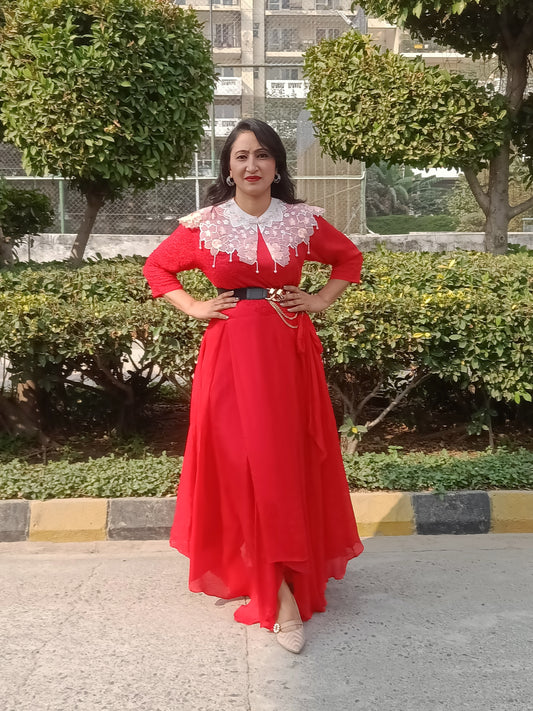 Red Drape long Anarkali Dress