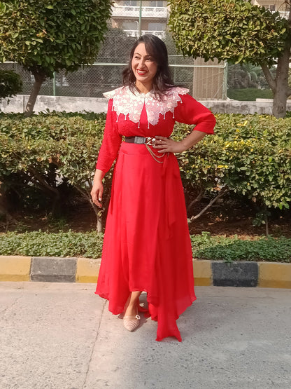 Red Drape long Anarkali Dress