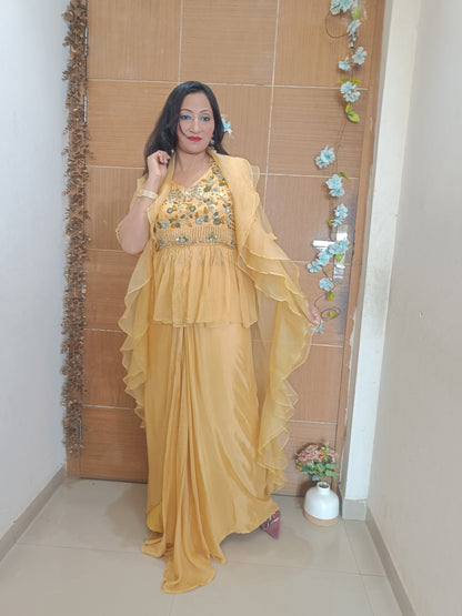 Yellow Indowesten Party Wear Lehanga Dress