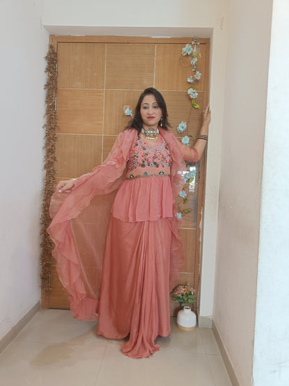 Rust Indowestern Party Wear Lehenga Dress