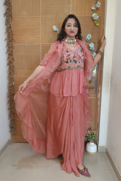Rust Indowestern Party Wear Lehenga Dress