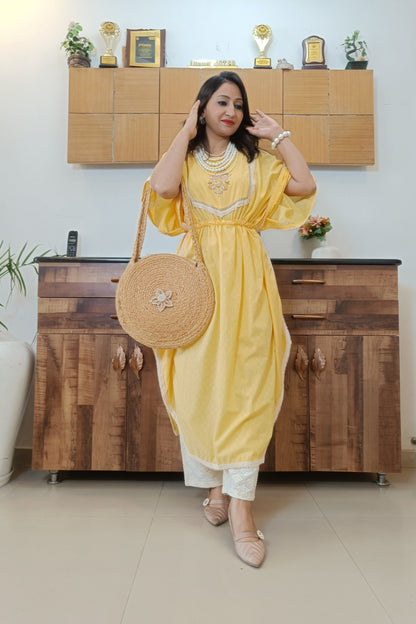 Yellow Cotton Hand Work Kaftan Set