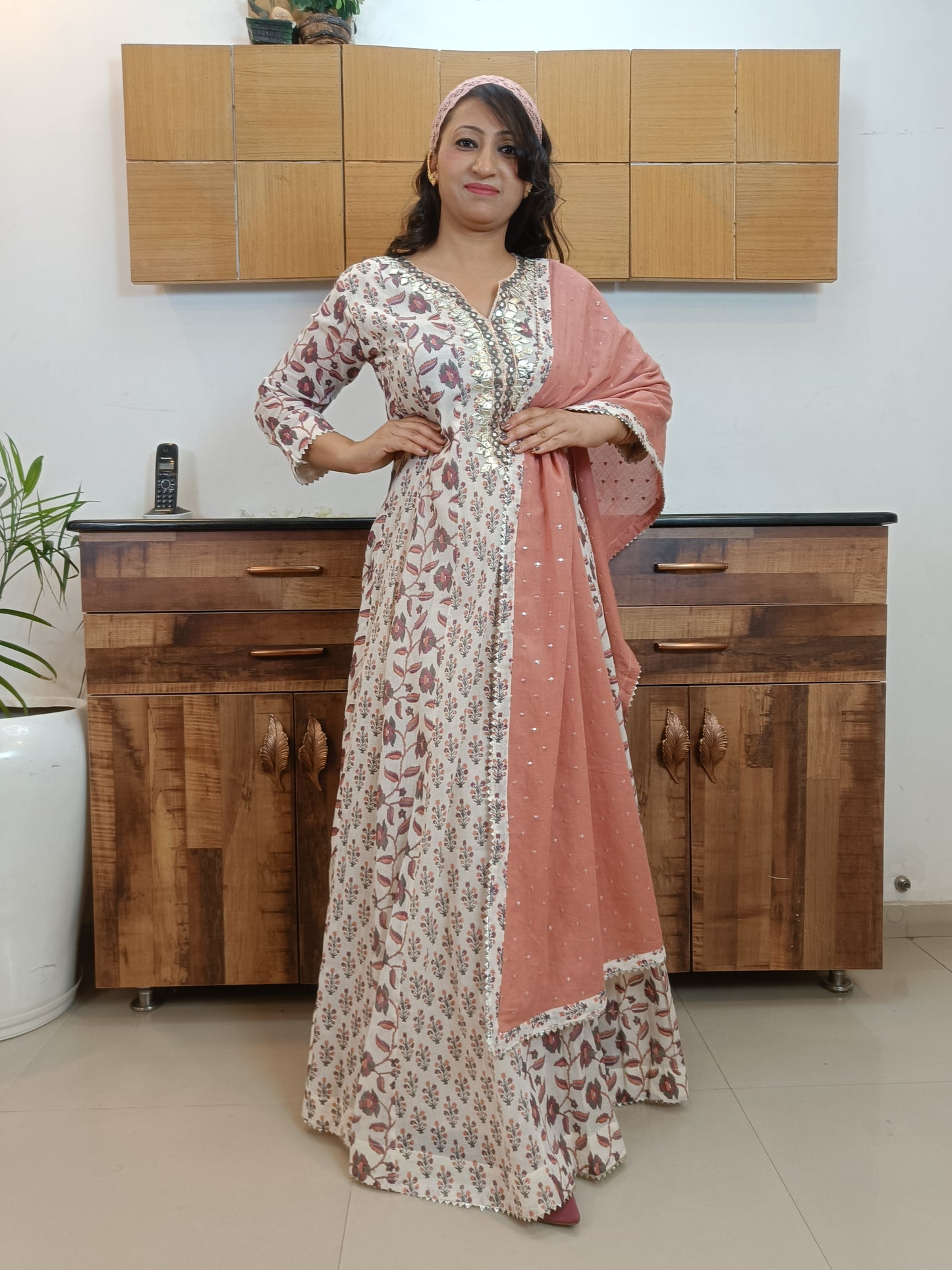 Cream Gotta Patti Party Wear long (Set of 2) Anarkali Dress