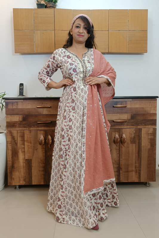 Cream Gotta Patti Party Wear long (Set of 2) Anarkali Dress
