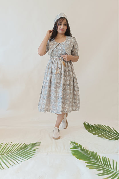 Magic Grey Handblock Cotton Middy Dress