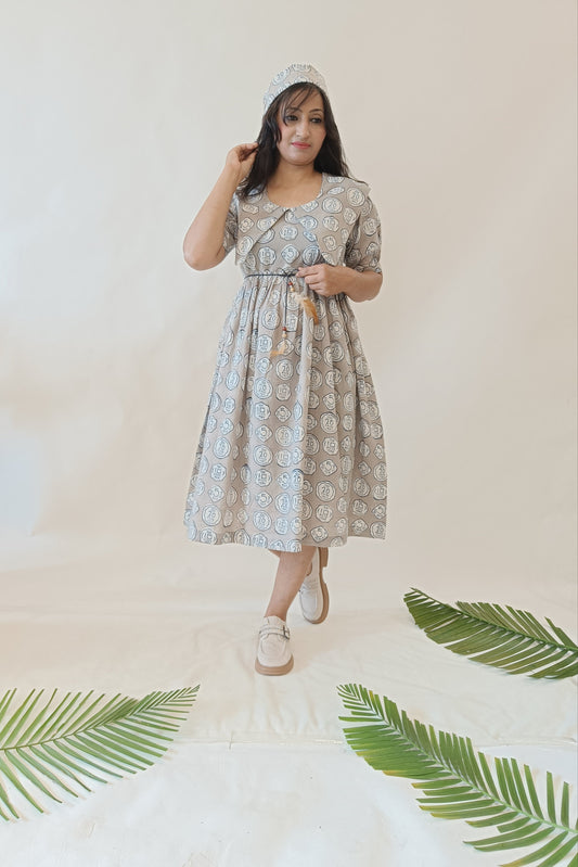 Magic Grey Handblock Cotton Middy Dress