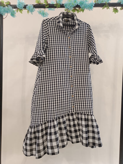 Monocromatic Black & white checks cotton  long shirt