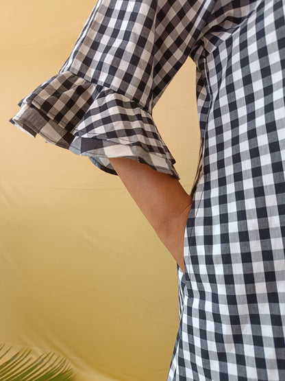 Monocromatic Black & white checks cotton  long shirt