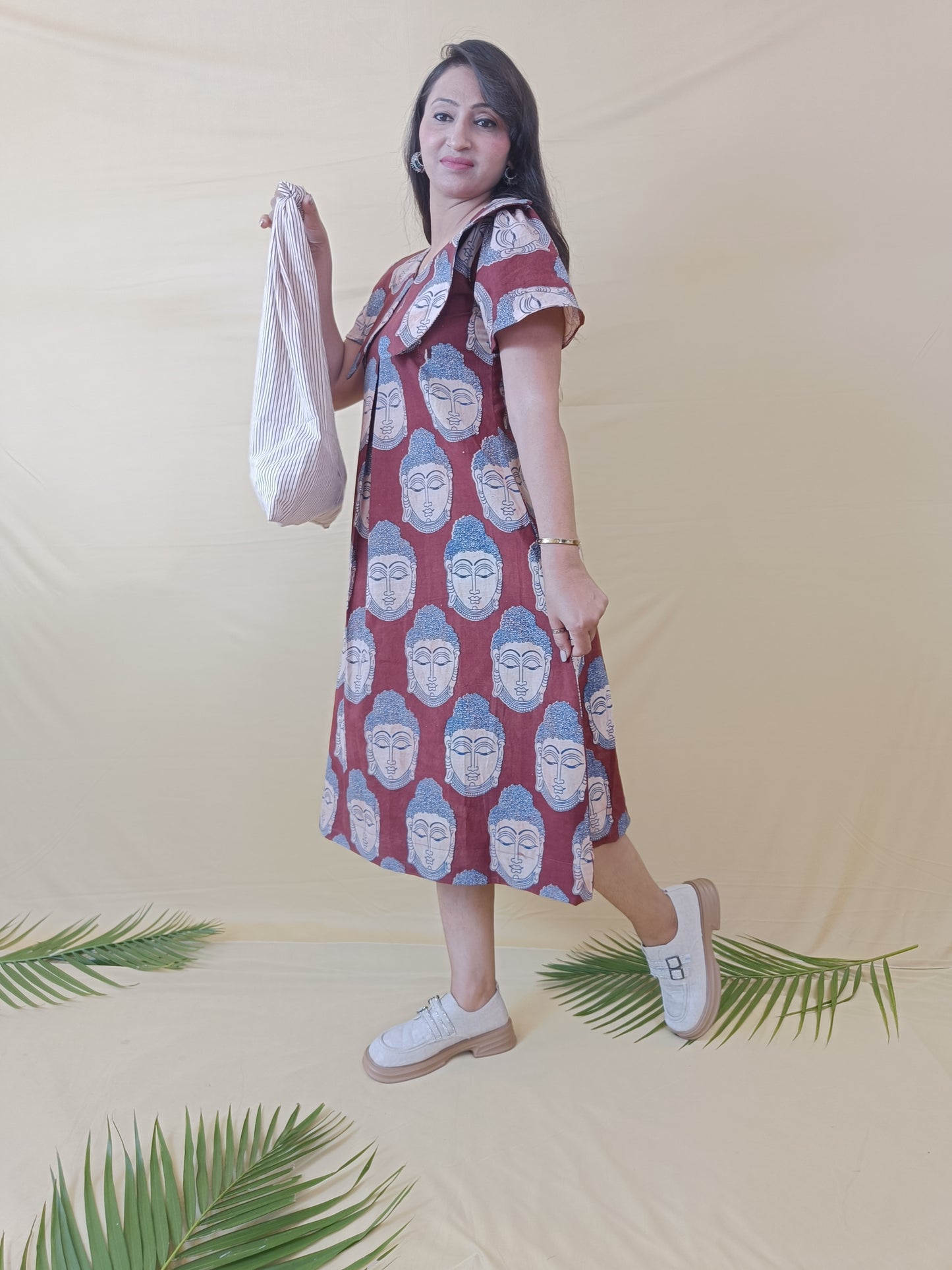 Magic Maroon Kalamkari Cotton Middy Dress