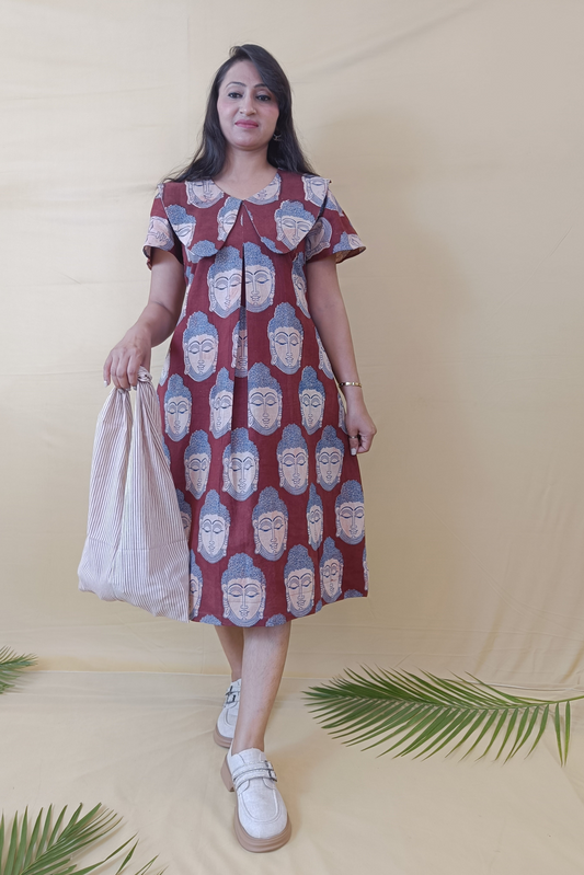 Magic Maroon Kalamkari Cotton Middy Dress