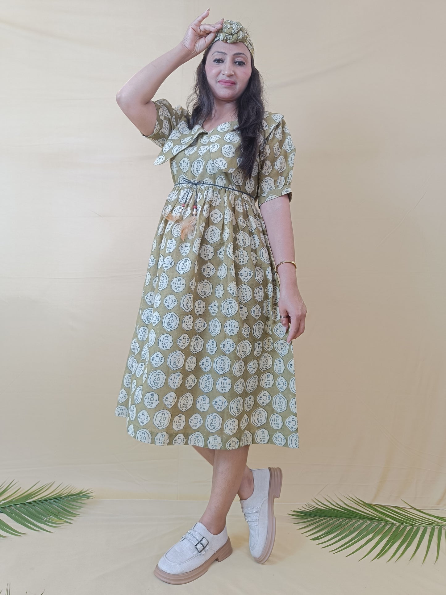 Magic Mahendi Green Handblock cotton Middy Dress