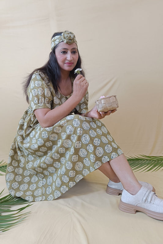 Magic Mahendi Green Handblock cotton Middy Dress